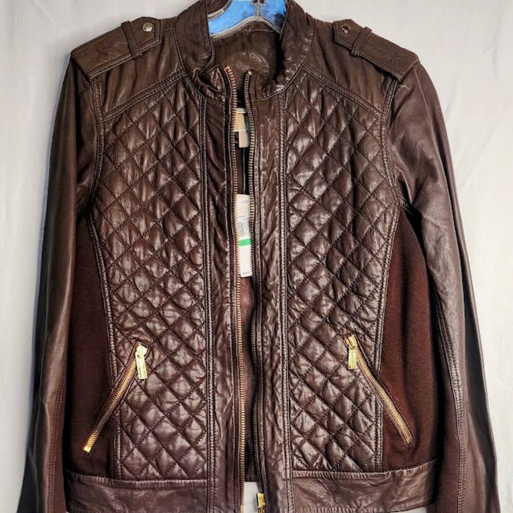 Michael Kors Mahogany Quilted Leather Bomber Jacket | Size L | NWT
